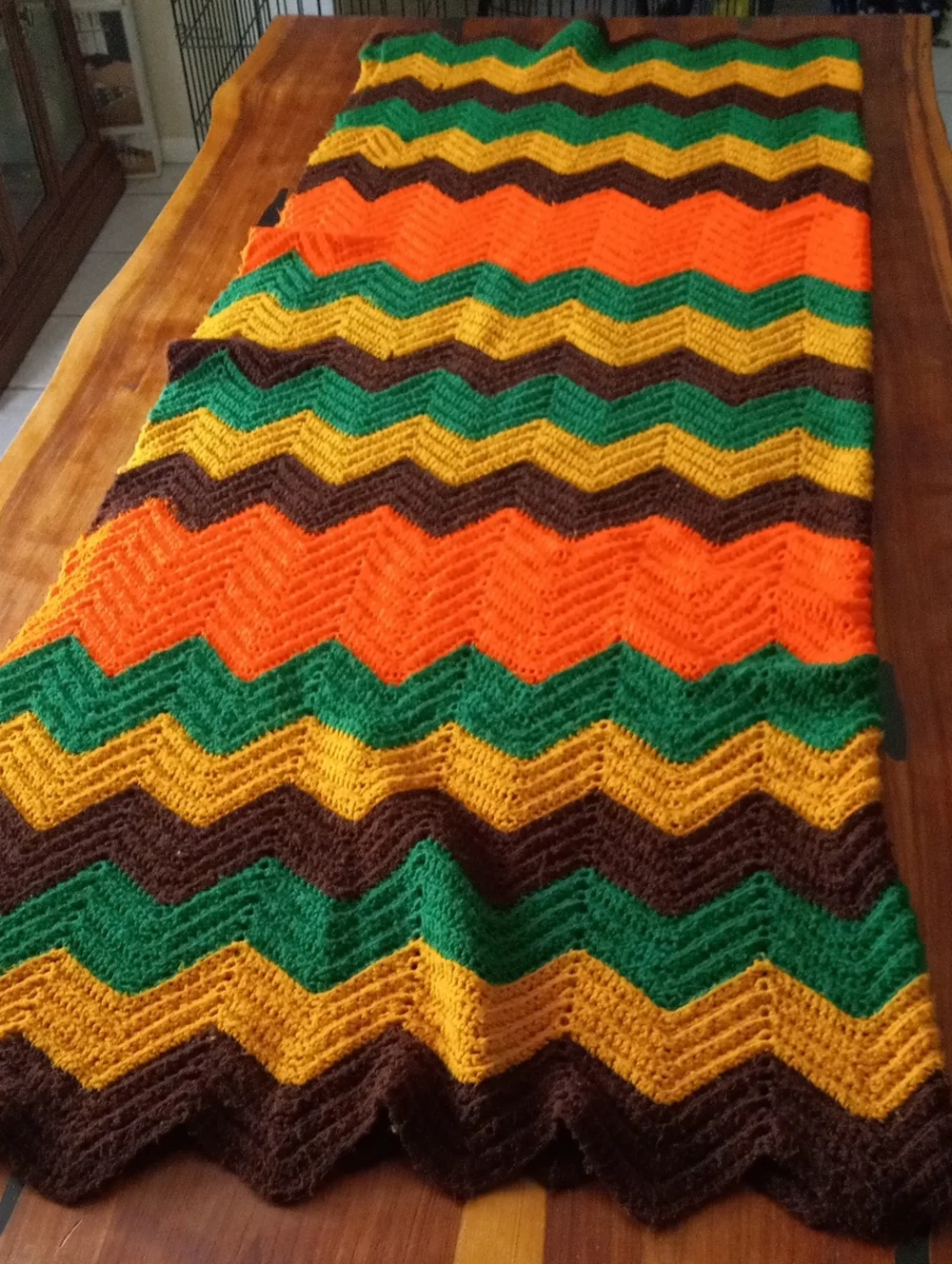 Handmade Chevron Knit Throw Blanket in Green, Yellow, Orange & Brown